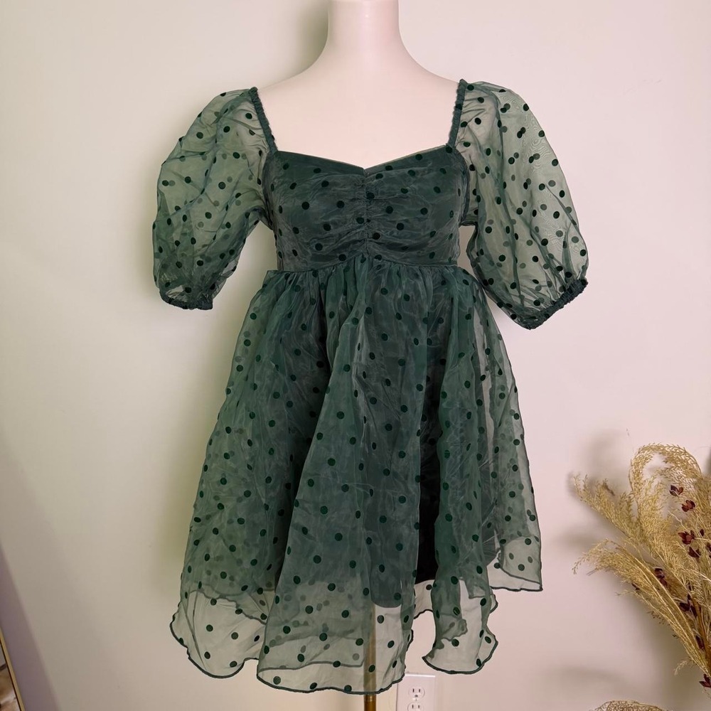 Fairycore Forest Green Velvet Polka Dot Organza Babydoll Mini Dress Size M